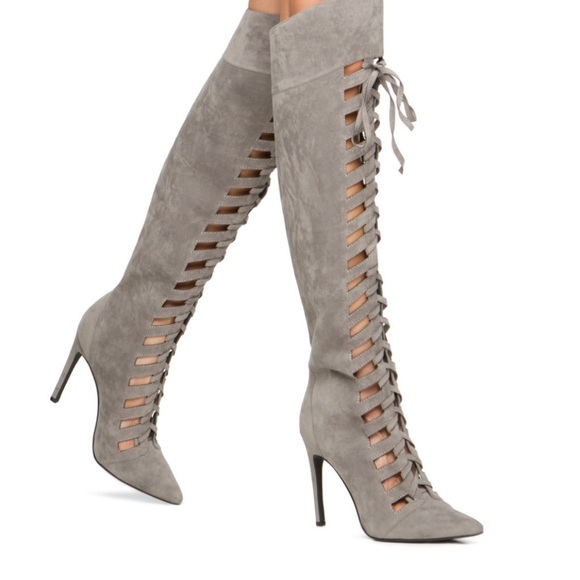 Shoe Dazzle Shoes - Shoe Dazzle Grey Yarissa Faux Suede Cutout Over-the-knee Heel Boots Size 10